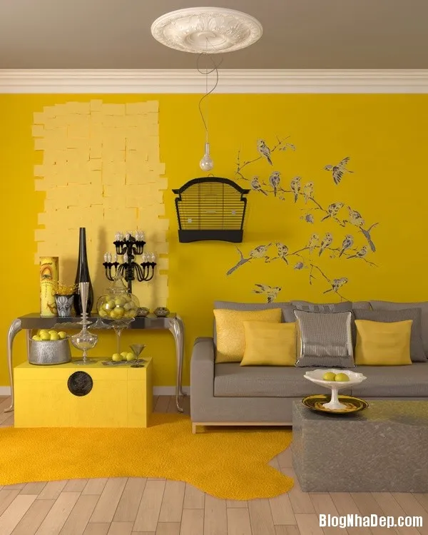 Mẫu phòng khách đẹp với điểm nhấn màu vàng sang trọng