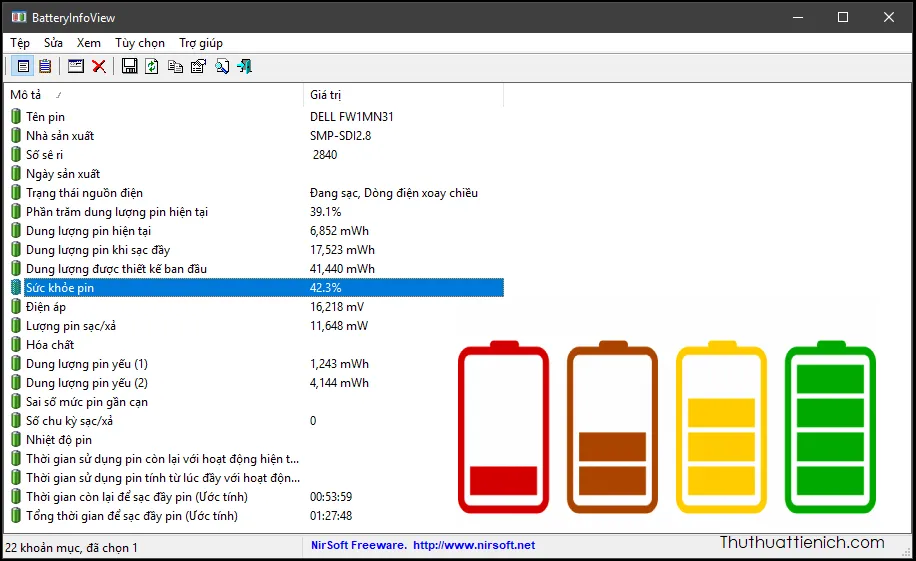 BatteryInfoView – Phần mềm kiểm tra mức độ chai pin laptop nhanh, chính xác, miễn phí