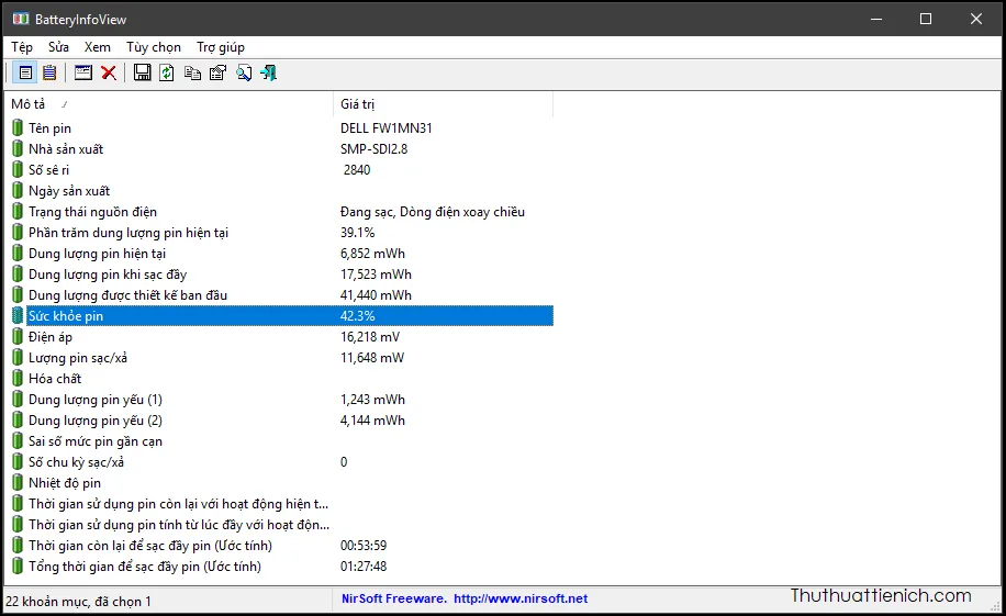 BatteryInfoView – Phần mềm kiểm tra mức độ chai pin laptop nhanh, chính xác, miễn phí