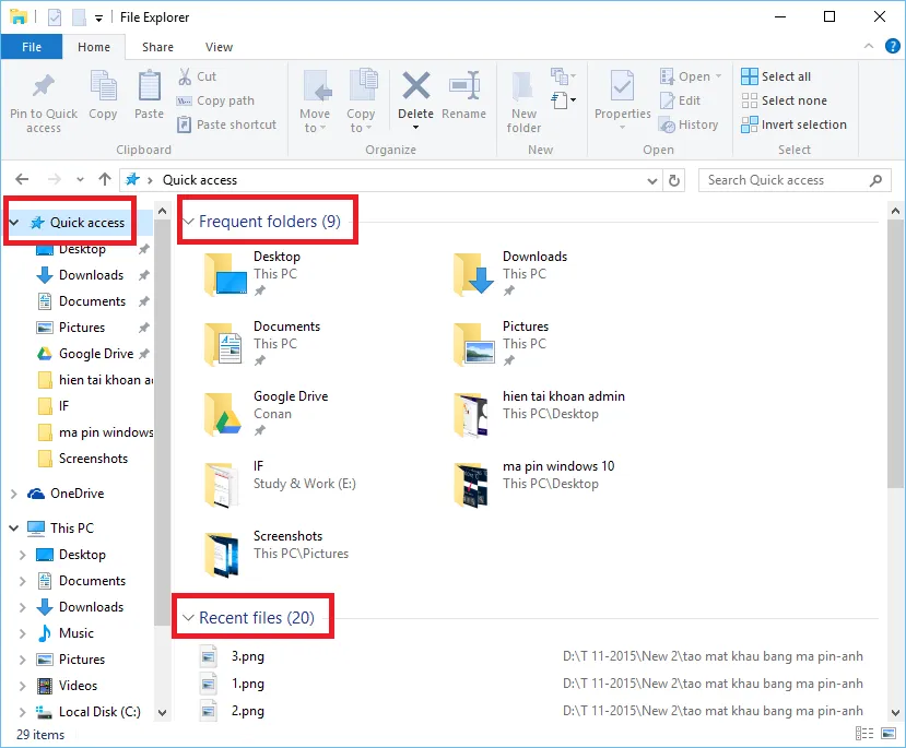 Cách ẩn/hiện tập tin vừa mở (Recent Files) và thư mục mở thường xuyên (Frequently Folders) trong Quick access trên Window 10