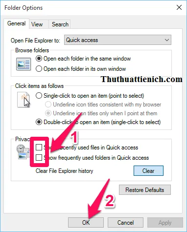 Cách ẩn/hiện tập tin vừa mở (Recent Files) và thư mục mở thường xuyên (Frequently Folders) trong Quick access trên Window 10