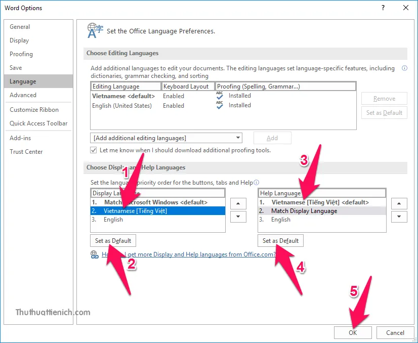 Cách cài đặt ngôn ngữ, giao diện tiếng Việt cho Office 2016