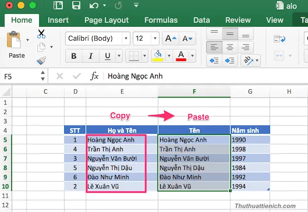 Cách sắp xếp tên theo thứ tự ABC trong Excel (2003-2016)