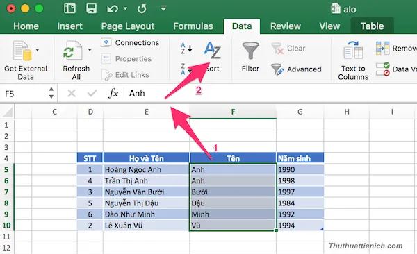 Cách sắp xếp tên theo thứ tự ABC trong Excel (2003-2016)