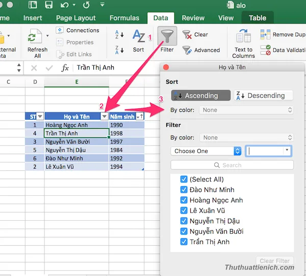 Cách sắp xếp tên theo thứ tự ABC trong Excel (2003-2016)