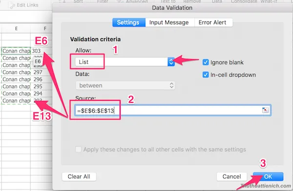 Cách tạo list drop-down trong excel-combobox