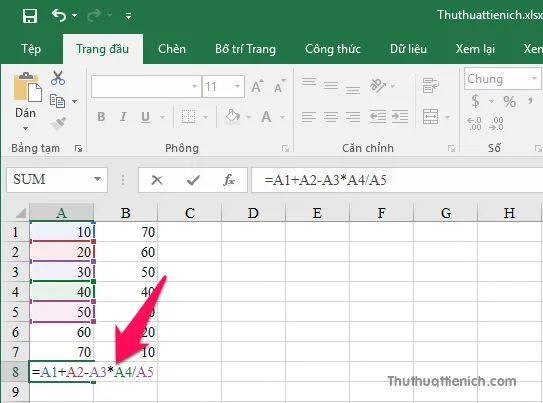 Cách thực hiện phép tính Cộng, Trừ, Nhân Chia trong Excel