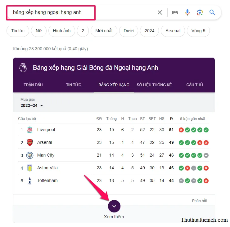 Cách xem bảng xếp hạng giải bóng đá trực tiếp trên Google