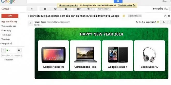 Đề phòng email lừa đảo “nhận thưởng từ Google”