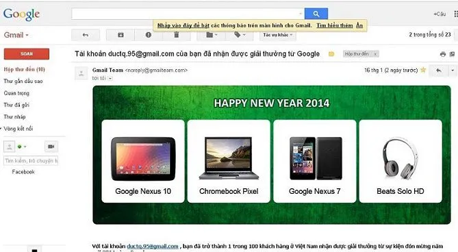 Đề phòng email lừa đảo “nhận thưởng từ Google”