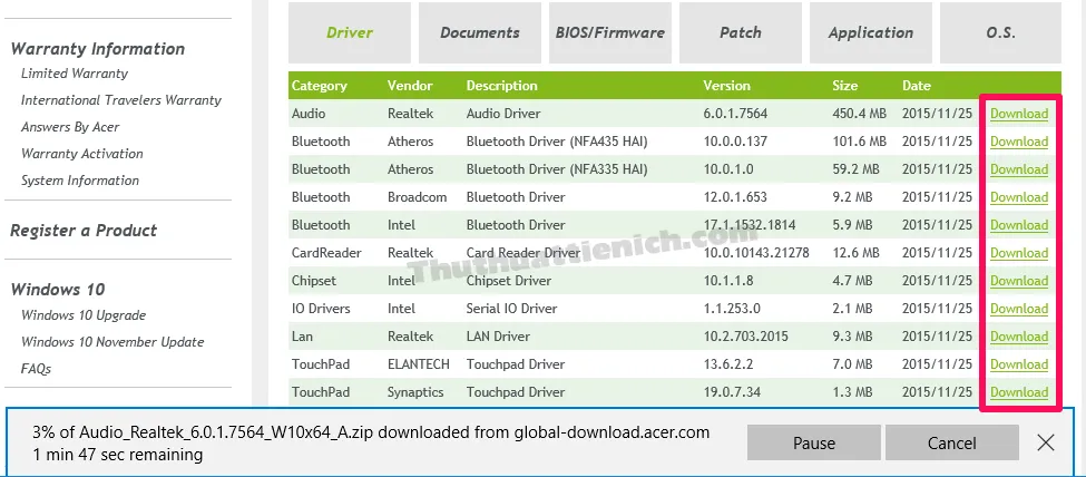 Hướng dẫn tải về, cài đặt Driver Laptop/PC Acer “chính chủ”