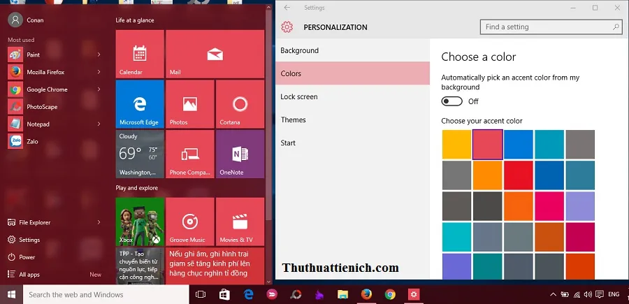 Hướng dẫn thay đổi màu sắc Menu, Action Center và Taskbar trên Windows 10