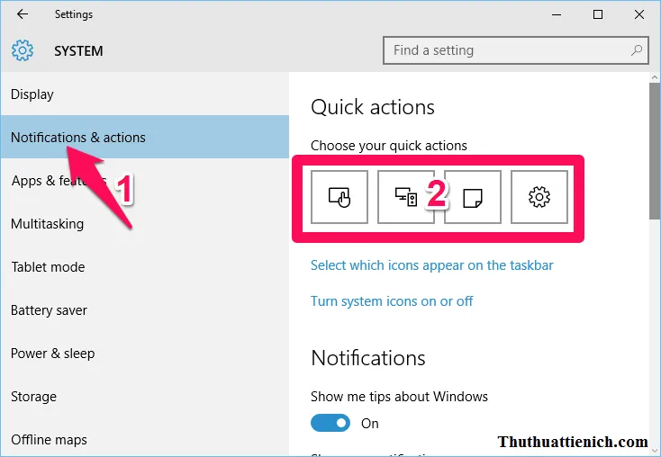 Thay đổi các nút Quick Actions trong Action Center trên Windows 10