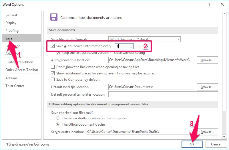 Thay đổi thời gian tự động lưu (Auto Save) trên Word, Excel, PowerPoint